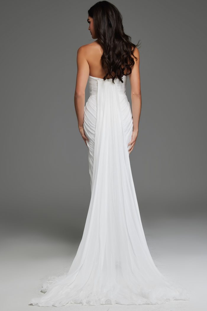 fitted bridal gown with drape in the back