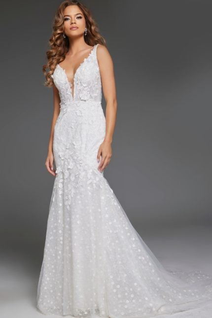 Model wearing Jovani JB43961 elegant ivory mermaid dress with V-neckline.