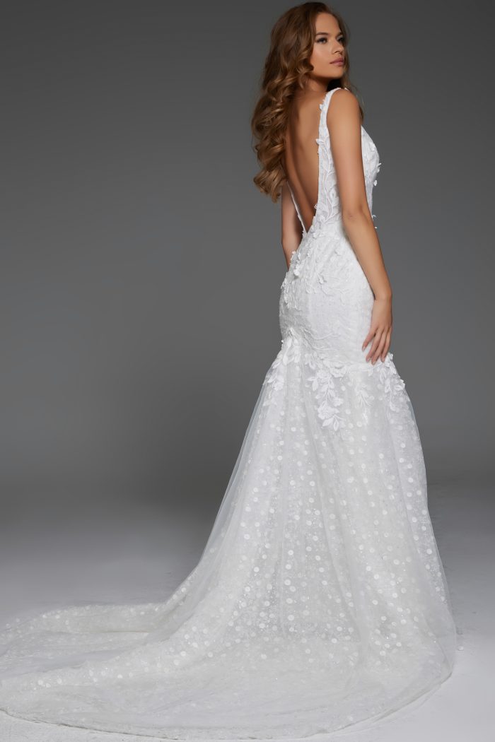 lace V back wedding dress with long train JB43961