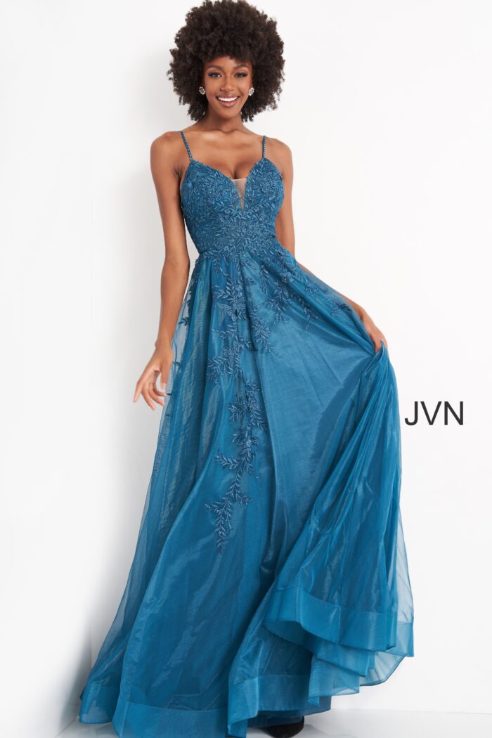 Model wearing 02266 Teal Floral Embroidered Prom Gown
