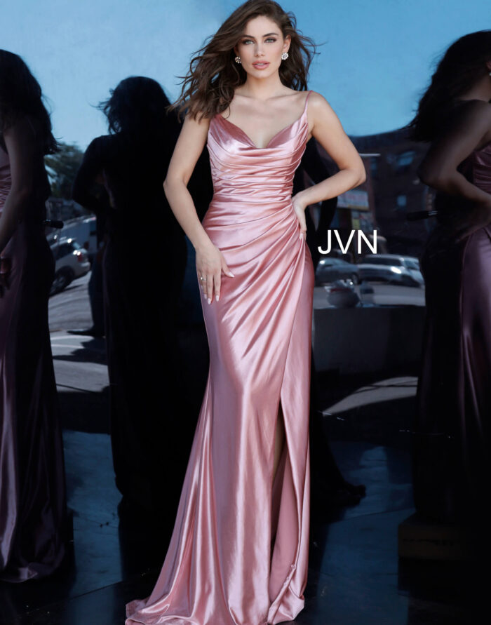 Model wearing 03104 Teal Cowl Neck High Slit Prom Dress