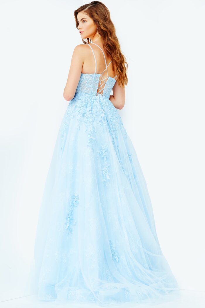 Model wearing 06644 Light Blue Spaghetti Strap Embroidered Prom Gown