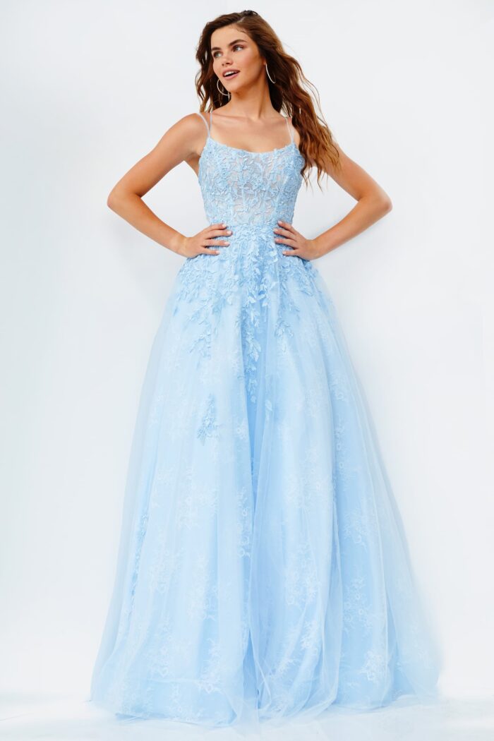 Model wearing 06644 Light Blue Spaghetti Strap Embroidered Prom Gown
