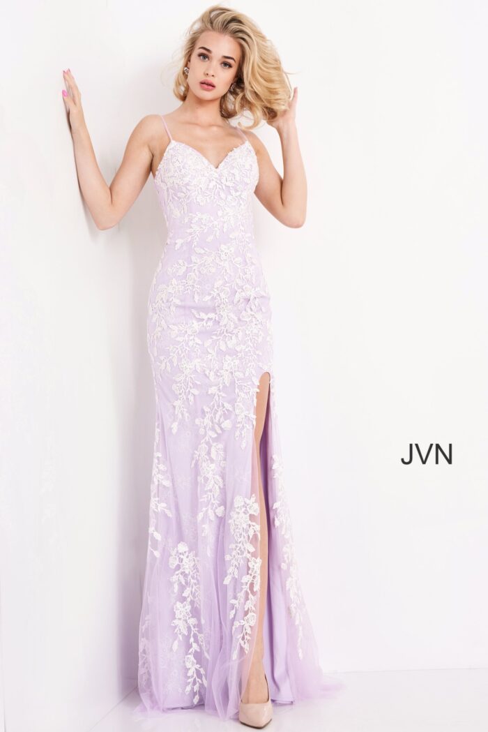 Model wearing 06660 Lilac Sheath High Slit Floral Dress