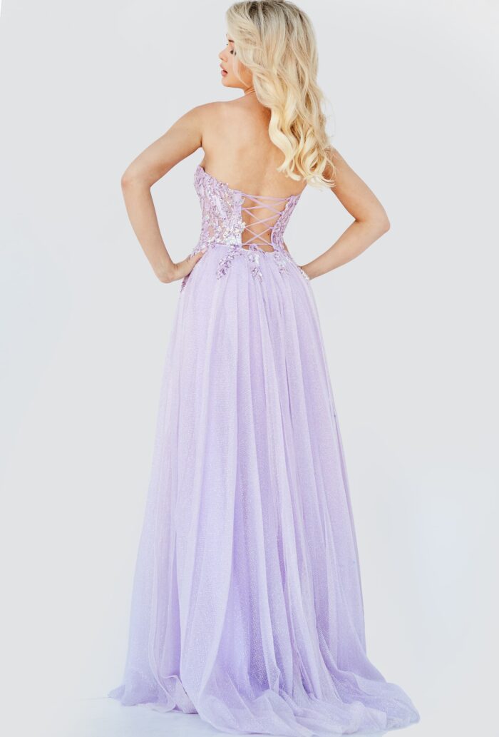 Model wearing 07434 Lavender Strapless Tie Back Prom Gown