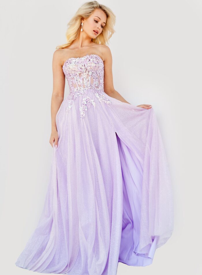 Model wearing 07434 Lavender Strapless Tie Back Prom Gown