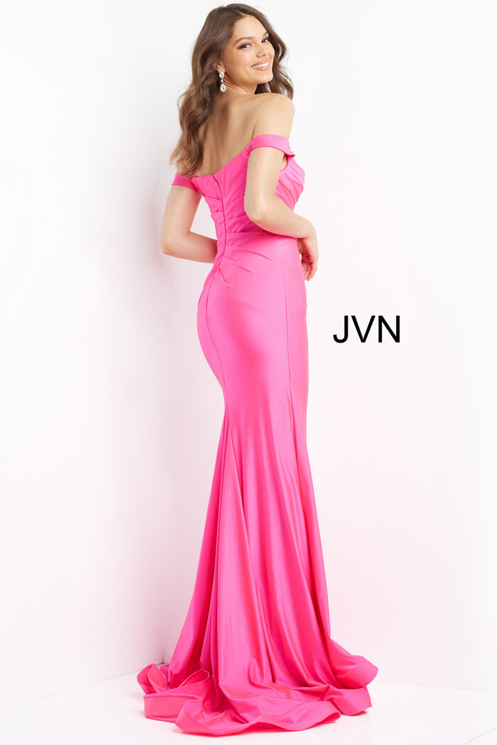 Model wearing 07639 Fuchsia Off The Shoulder Fitted Prom Gown