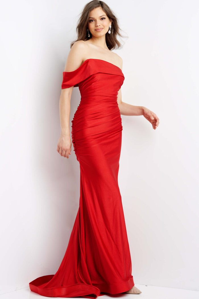 Model wearing 07640 One Shoulder Fitted Simple Prom Dress
