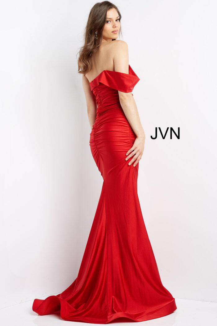 Model wearing 07640 Red Ruched Off the Shoulder Prom Dress