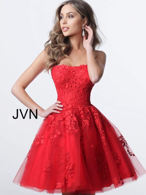 1830 Red Fit and Flare Strapless Lace Homecoming Dress