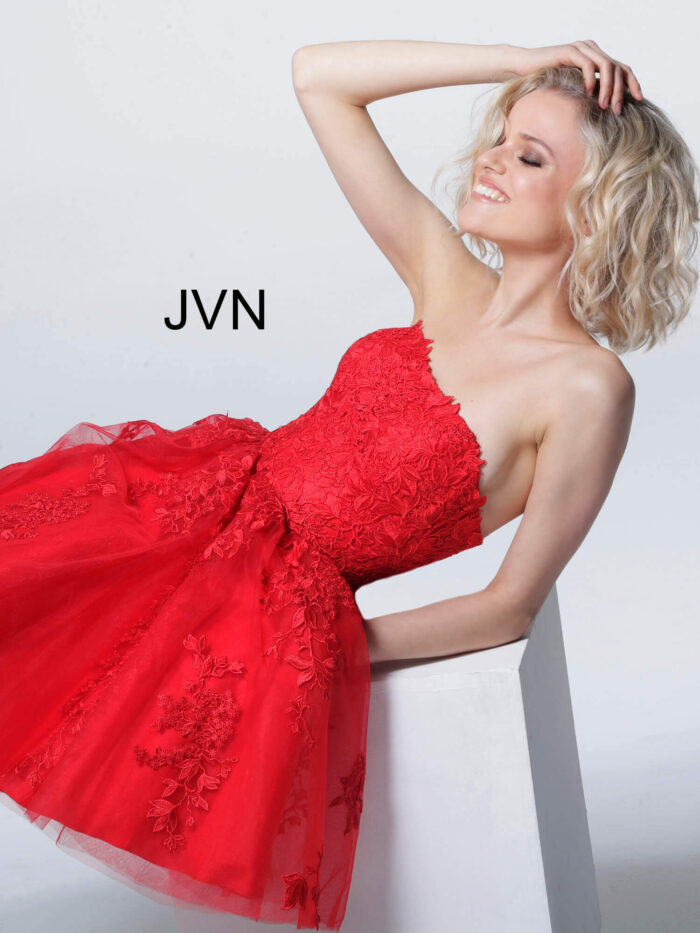 Model wearing 1830 Red Fit and Flare Strapless Lace Homecoming Dress