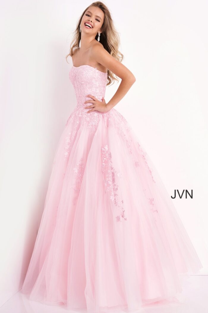 Model wearing 1831 Light Pink Strapless Embroidered Ballgown