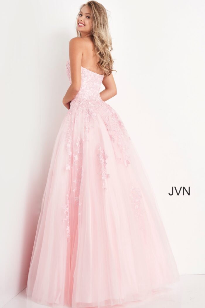 Model wearing 1831 Light Pink Strapless Embroidered Ballgown