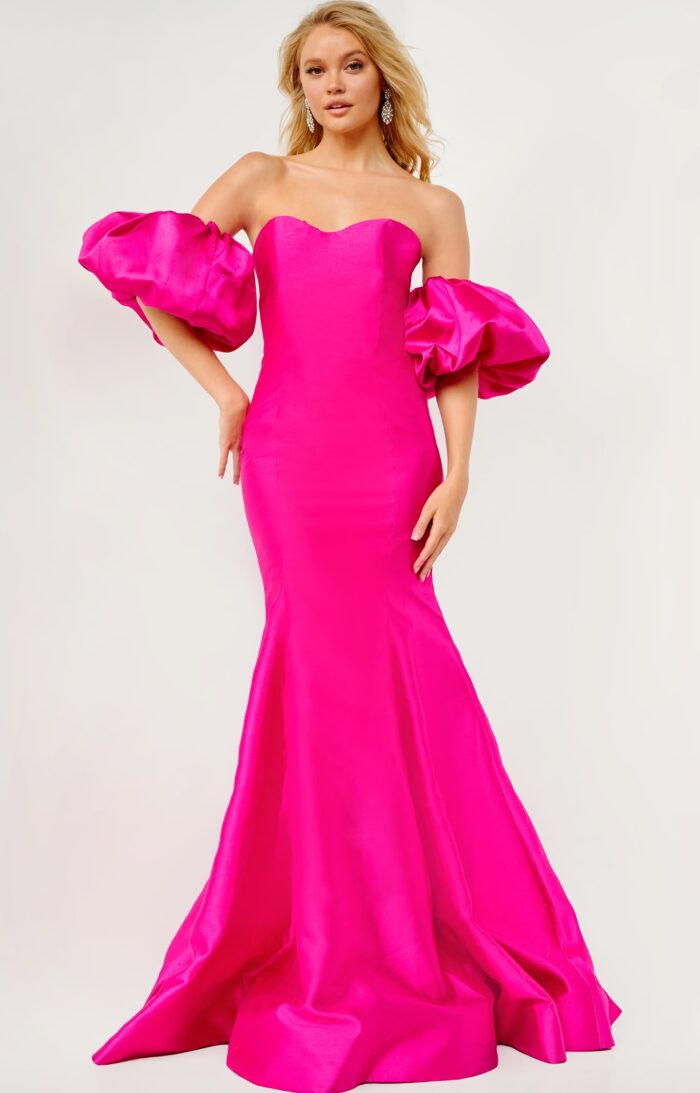 Model wearing 22830 Fuchsia Off the Shoulder Mermaid Prom Dress