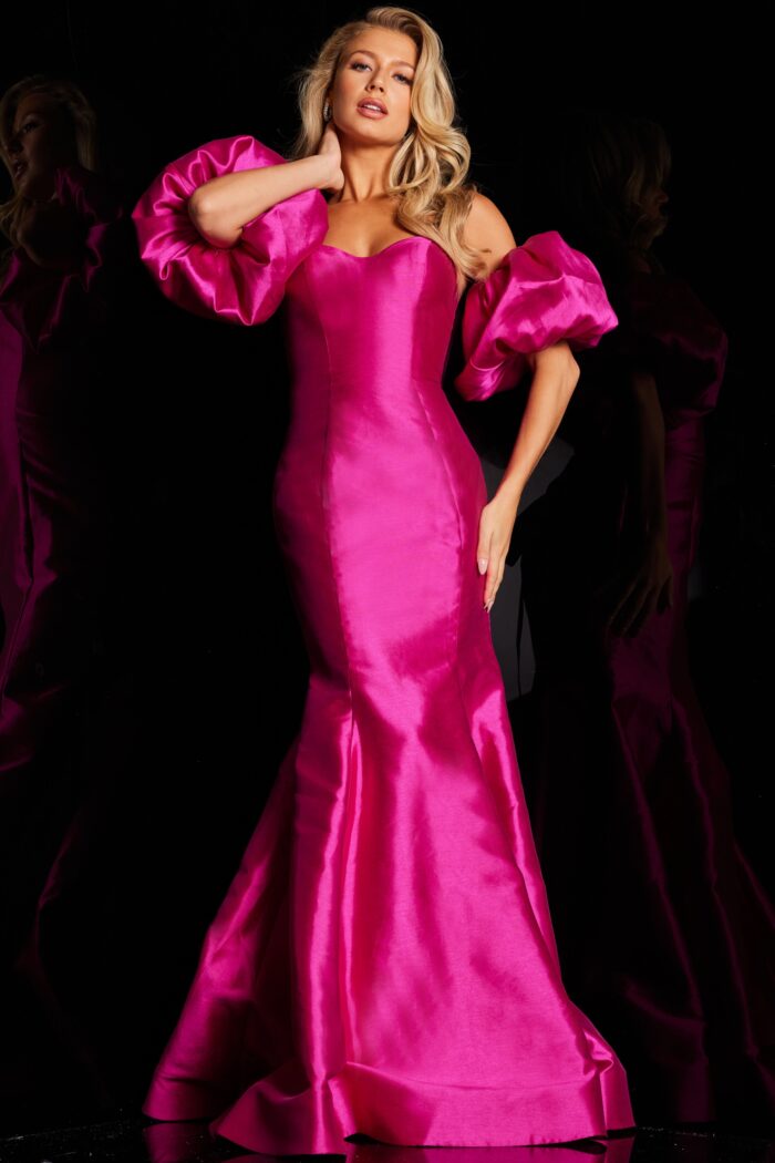 Model wearing 22830 Fuchsia Off the Shoulder Mermaid Prom Dress