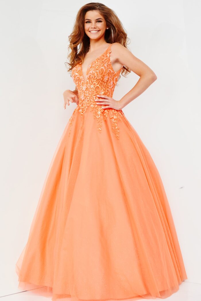 Model wearing JVN22831 Orange Embellished A Line Prom Ballgown