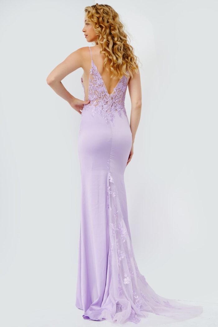 Model wearing 23124 Lilac Embroidered Bodice Plunging Neck Prom Dress