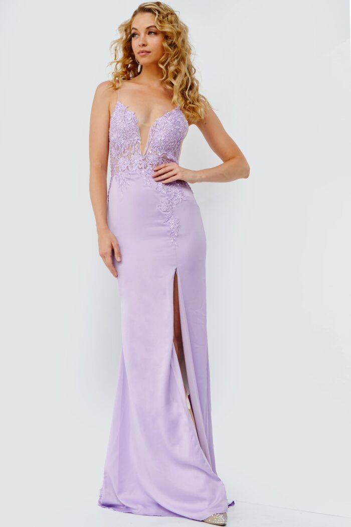 Model wearing 23124 Lilac Embroidered Bodice Plunging Neck Prom Dress