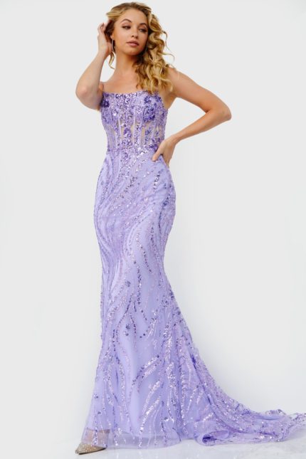 Model wearing Jovani 23250 lilac mermaid gown with sequins and lace-up back.