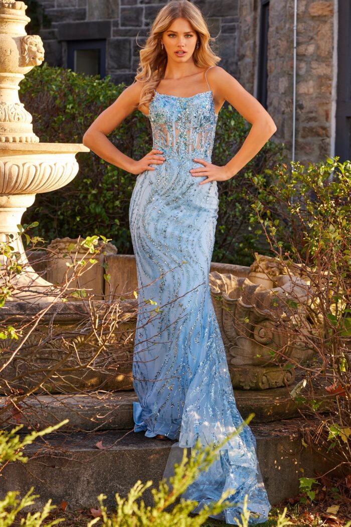 Model wearing 23250 Light Blue Embellished Sheath Prom Dress