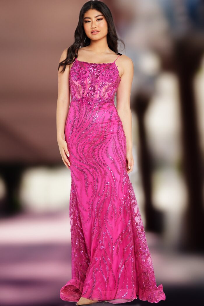 Model wearing 23250 Lilac Tie Back Embellished Prom Dress