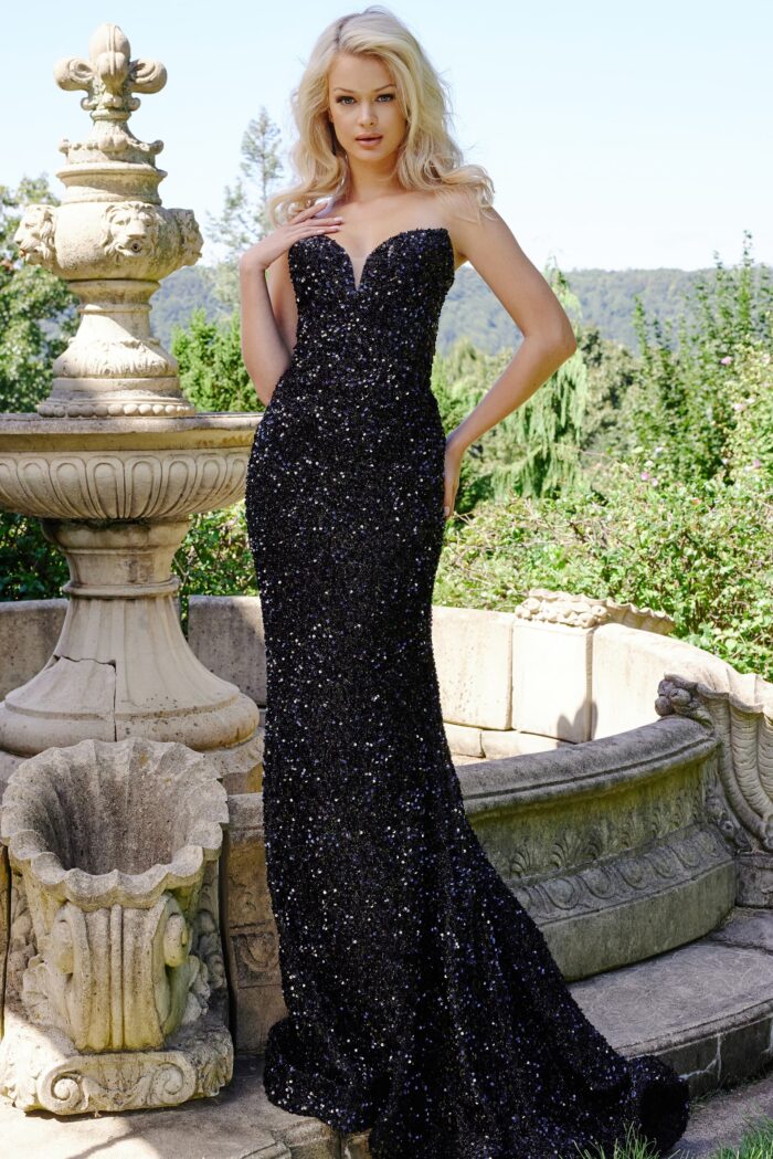 Model wearing 23771 Black Sequin Strapless Prom Gown