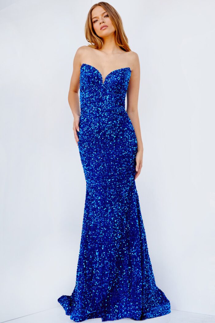 Model wearing 23771 Royal Strapless Sheath Sequin Prom Dress