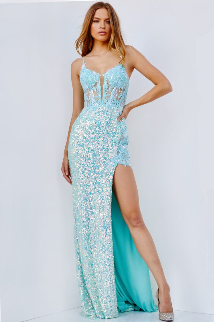 Model wearing 24299 Aqua Illusion Bodice Plunging Neck Prom Dress