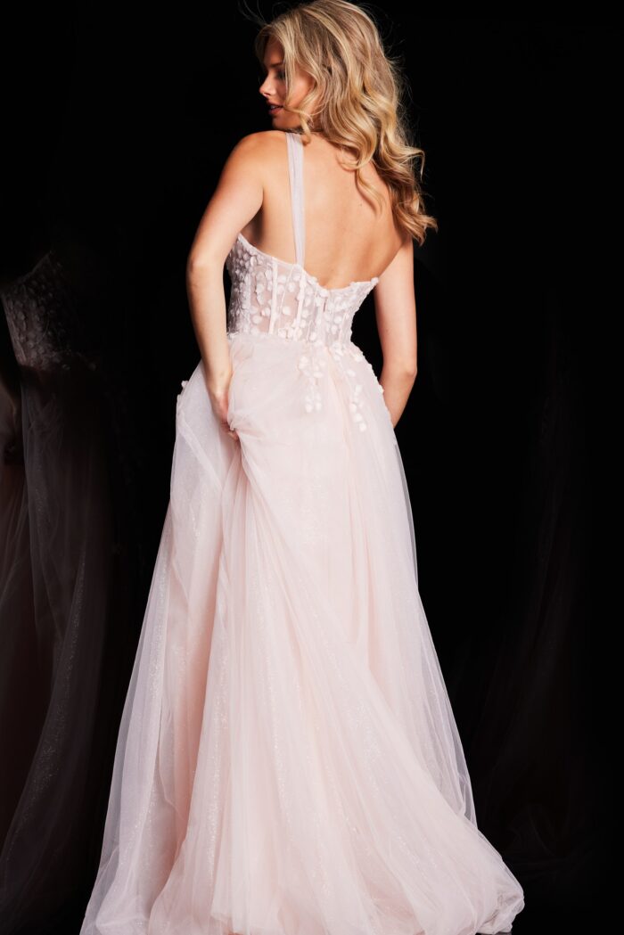 Model wearing A Line One Shoulder Prom Gown 25913