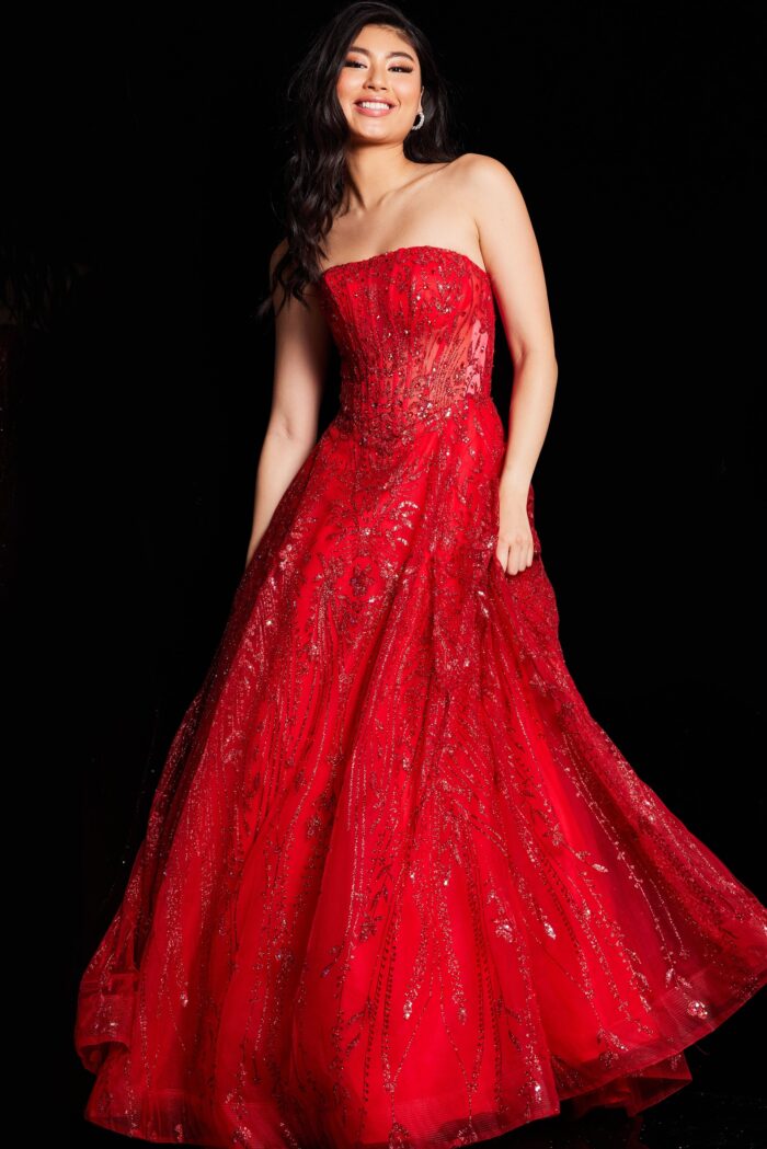 Model wearing Red Strapless Beaded Ball Gown 26109