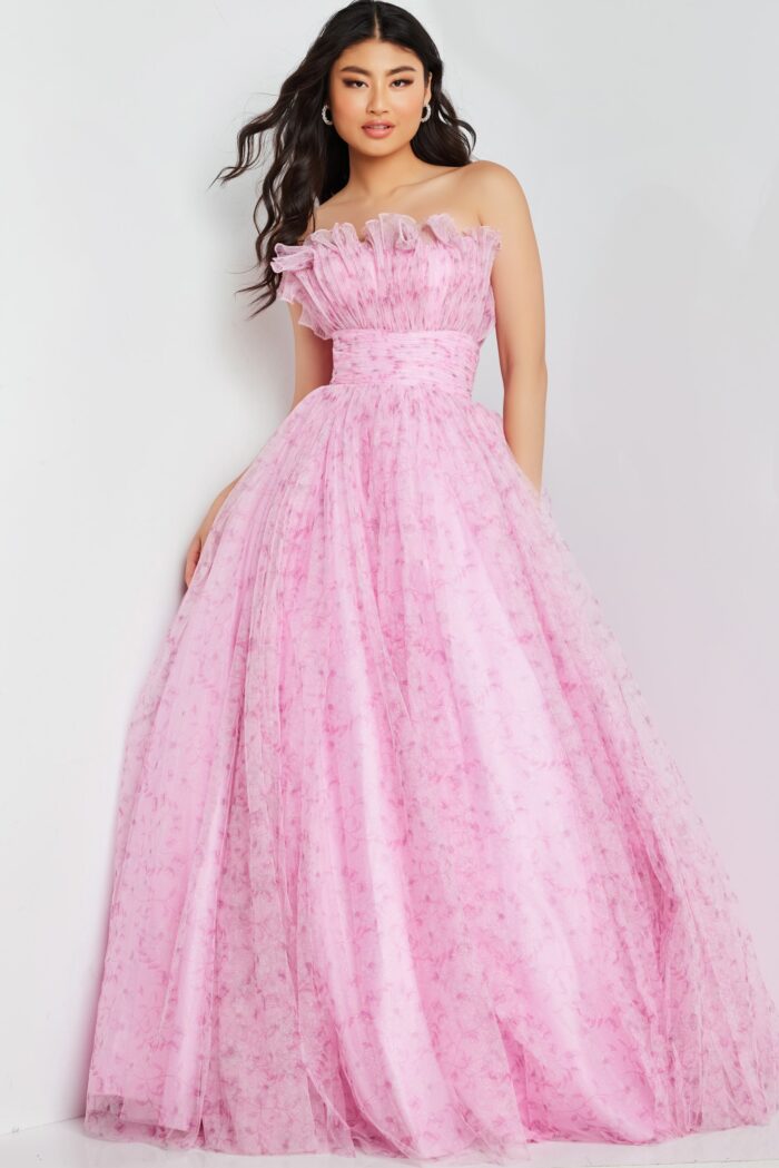 Model wearing Pink Glitter Strapless Ballgown 26209