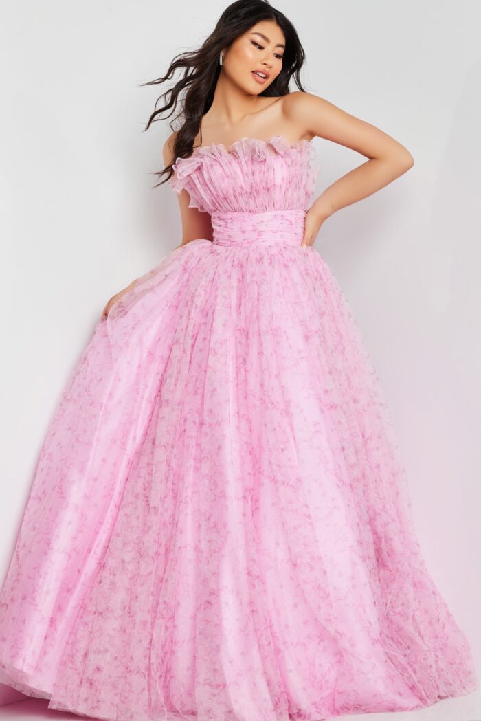 Model wearing Pink Glitter Strapless Ballgown 26209