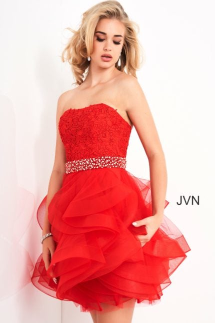 Model wearing Jovani 3099 red short dress with lace bodice front view