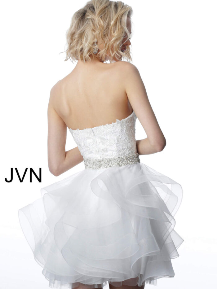 Model wearing 3099 Off White Embellished Belt Strapless Short Dress
