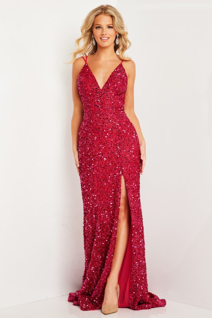 Model wearing Raspberry Sequin Prom Dress 36437