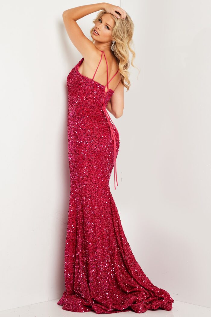 Model wearing Raspberry Sequin Prom Dress 36437