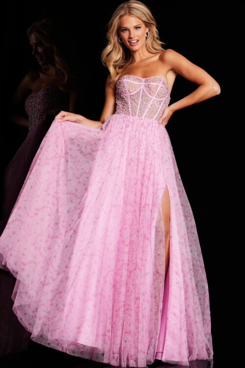 Model wearing Pink Embellished Tulle Dress 36477