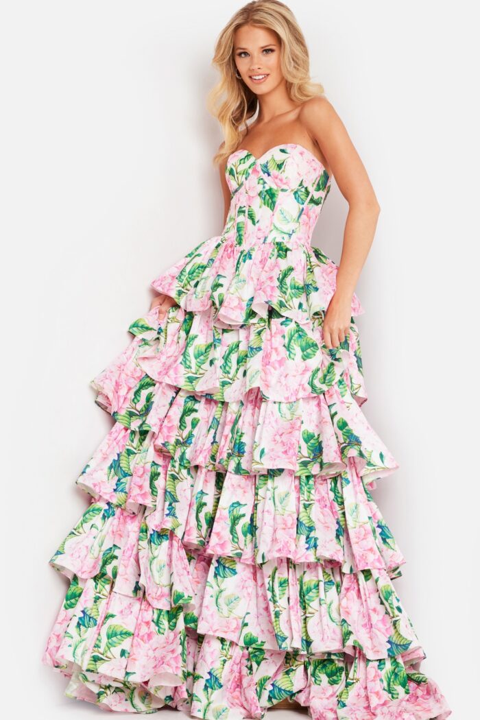 Model wearing Floral Print Satin Strapless Gown JVN37058