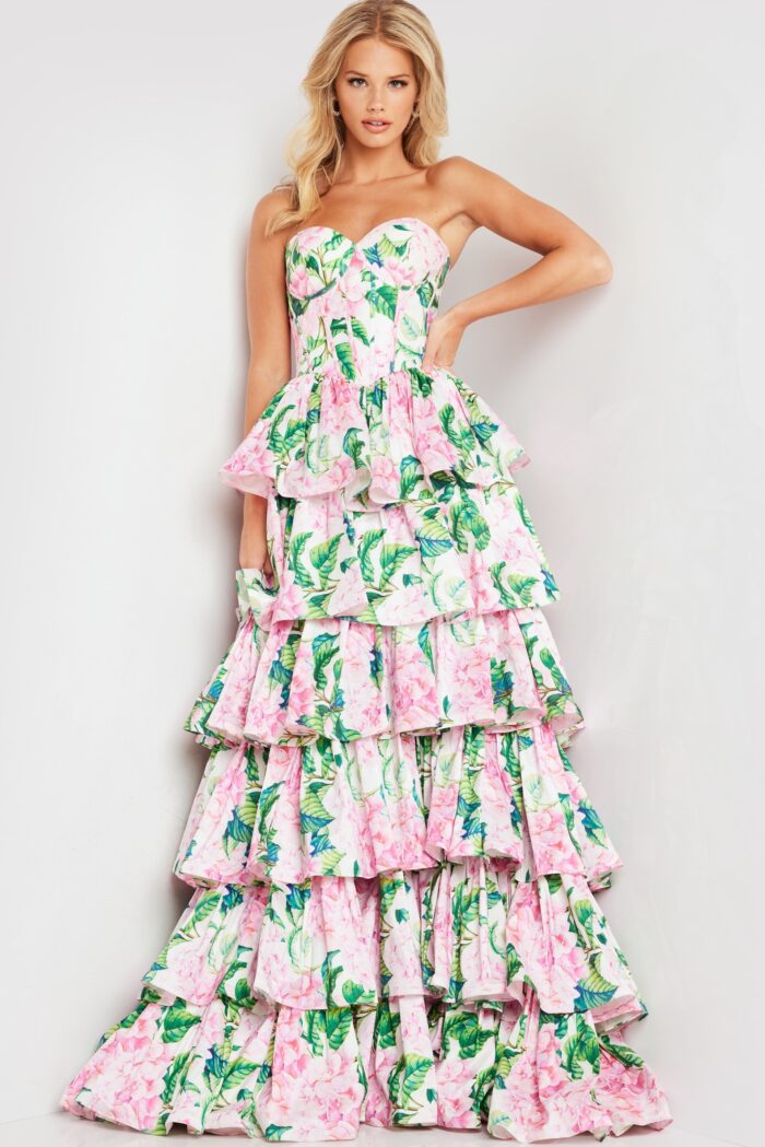 Model wearing Floral Print Satin Strapless Gown JVN37058
