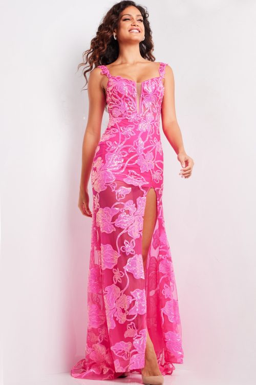 Hot Pink Sequin Plunging Neck Dress 38462