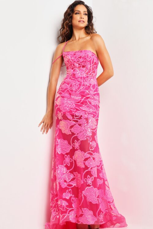 Model wearing Hot Pink Floral One Shoulder Dress 38463