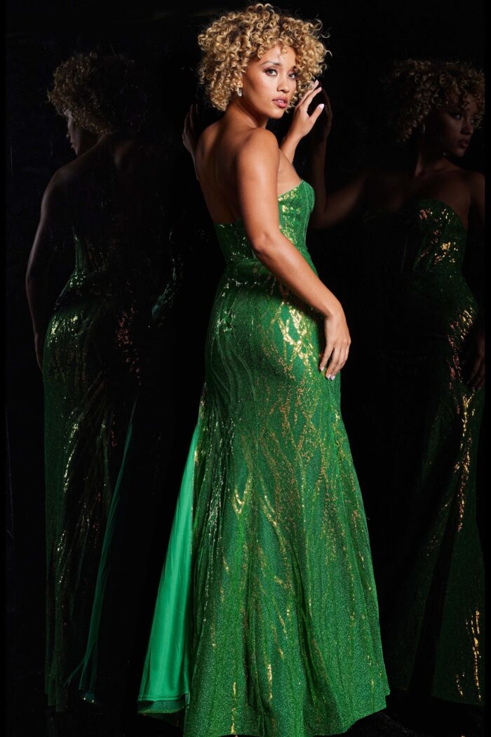 Model wearing Green Corset Bodice Beaded Dress 38598