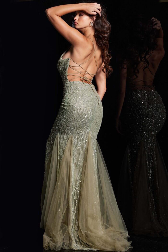 Model wearing Olive Embellished Backless Dress 39292