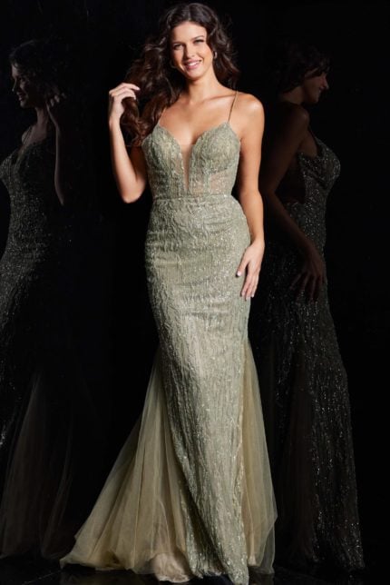 Model wearing Jovani 39292 green gown with plunging neckline and mermaid silhouette