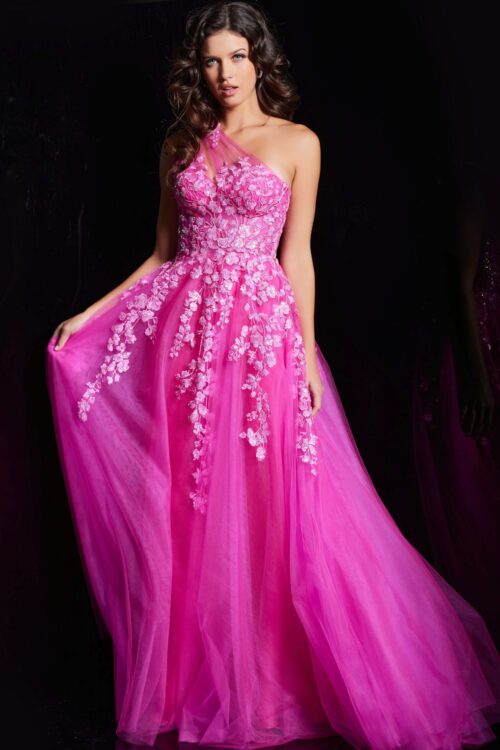 Model wearing Fuchsia Floral embroidered A Line Gown 39318