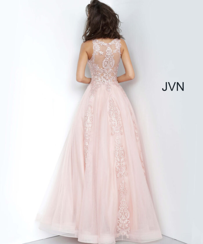 Model wearing Blush Beaded Prom Ballgown 59046