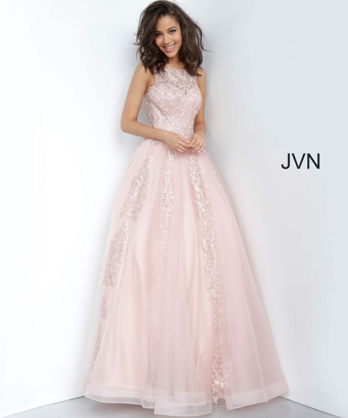 Model wearing Blush Beaded Prom Ballgown 59046