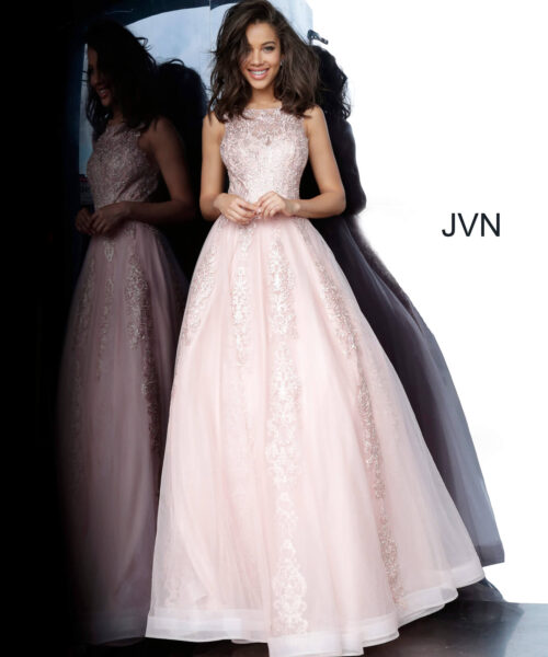 Model wearing Blush Beaded Prom Ballgown 59046