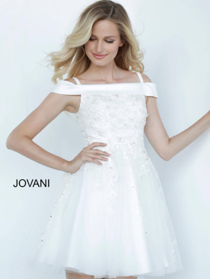 Model wearing Jovani K00361 white dress with off-the-shoulder neckline and floral embellishments.