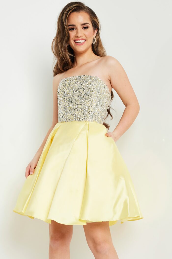 Model wearing Off White Fit and Flare Strapless Jovani Kids Dress K00722